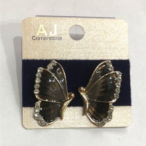 AJ Cornerstone Black & Gold Rhinestone Butterfly Stud Earrings (a)157 - Picture 1 of 7